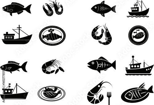 Seafood restaurant menu design elements fish shrimp boats vector illustration set