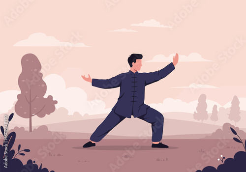 A man in a blue traditional Chinese suit practices Tai Chi in a park setting with trees and cloudy skies.