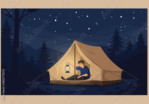 A man sits inside a glowing tent at night, holding a lantern, surrounded by trees under a starry sky.