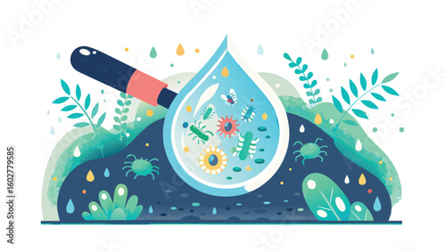 Eco-cute vector illustration of soil microfauna and microbes in water droplet, blue and green colors, symbolizing biodiversity and healthy ecosystem concept