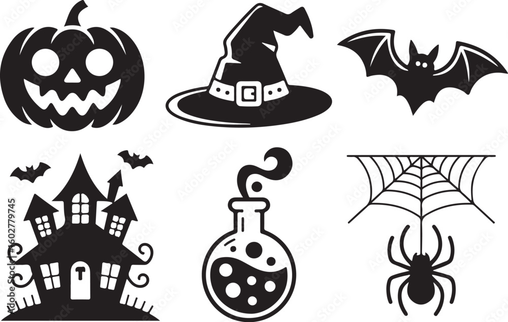 Obraz premium Halloween Witch Hat and Bat Icons