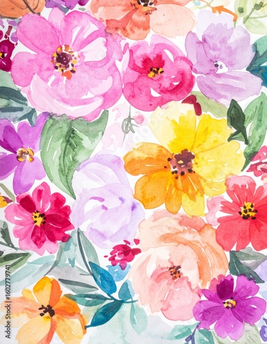 Wallpaper Mural Watercolor Floral Painting with Vivid Blooms in Shades of Pink Yellow and Purple Torontodigital.ca