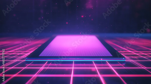 frameless tablet floating with glitch effect and vaporwave colors, 80s retro digital grid below.