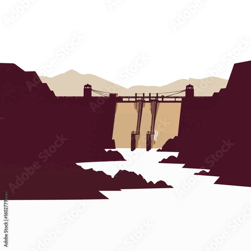 Silhouette of dam against burgundy and sand landscape, engineering marvel