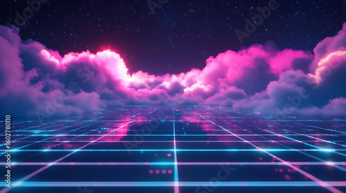 frameless tablet floating with glitch effect and vaporwave colors, 80s retro digital grid below.