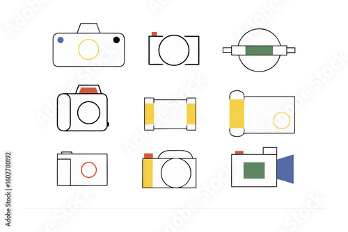A collection of nine stylized hand drawn camera icons featuring simple outlines and colorful accents