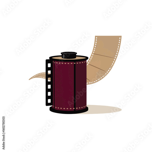 Film roll silhouette in burgundy and sand on white background, creativity