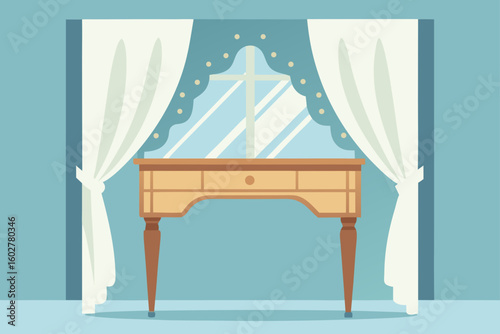 A light wooden vanity table with drawers sits before a window with curtains