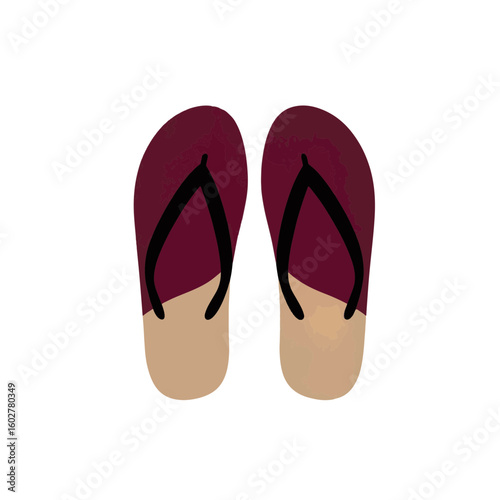 Stylish flip flops in burgundy and sand on white background, summer vibes