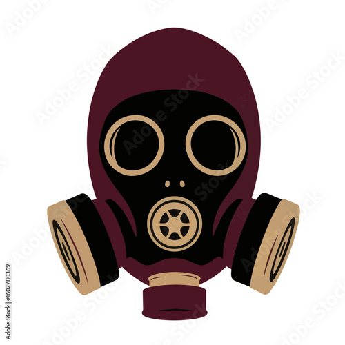 Gas mask silhouette in burgundy and sand palette on white background, symbolism of protection