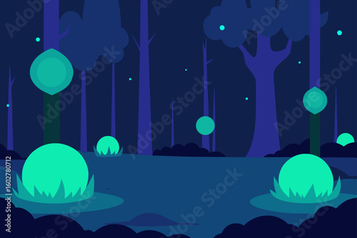 Enchanting forest at night with glowing orbs