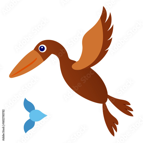 Cartoon pterodactyl flying towards a small blue bird