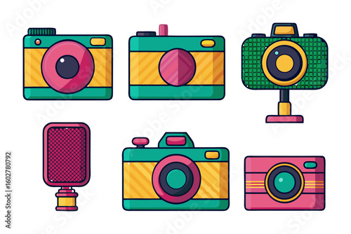 A vibrant collection of retro and modern camera illustrations featuring distinct colors and stylized designs for visual appeal