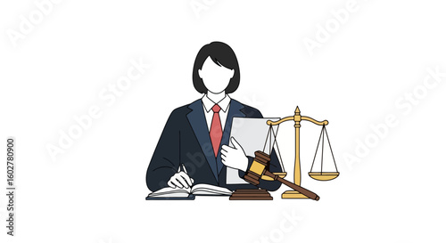 Illustration of Justice: Lawyer, Scales, and Gavel