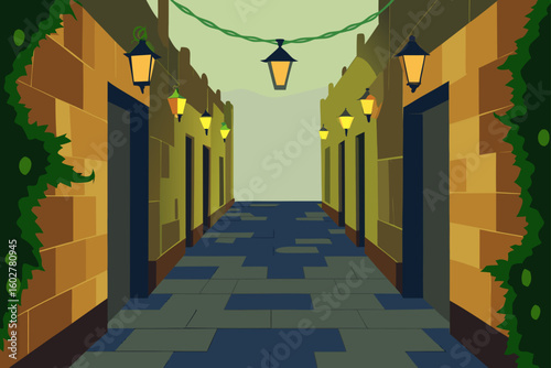 Enchanting alleyway with hanging lanterns and stone walls