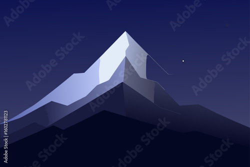 Minimalist snowy mountain peak under a starry night sky