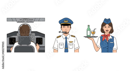 Aviation Profession Cartoon Set: Pilot, Cockpit, Flight Attendant