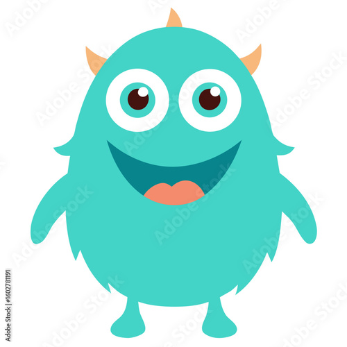 Friendly teal monster with big eyes and a wide smile