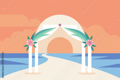 Beach wedding arch with sunset and ocean view