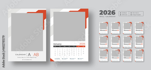 2026 monthly wall calendar template | Week starts on Monday | Editable 12-page vector planner | Clean and printable layout for scheduling