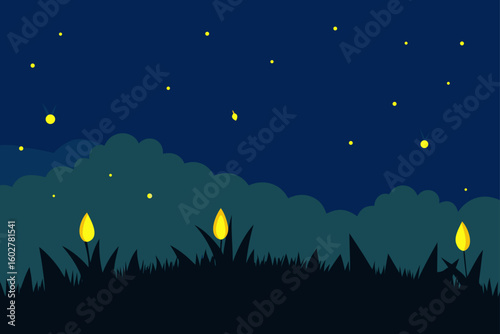 Magical night with fireflies and glowing flowers in a dark landscape