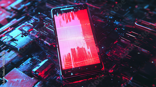 frameless Android phone mockup with glitch effect on screen, futuristic background, edgy digital vibe.