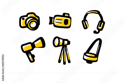 Collection of six hand drawn icons representing photography videography audio and observation equipment in a simple doodle style