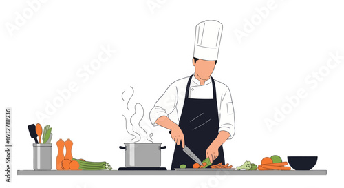 Chef Preparing Food in Kitchen - Minimalist Illustration