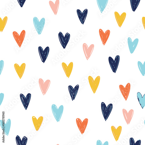 Seamless heart pattern background for valentine's day with colorful hand drawn hearts design and love theme art