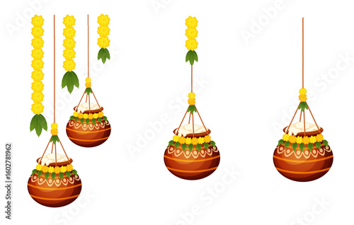 Set of Traditional Dahi Handi or Makhan Pots with Floral Garland Decoration for Janmashtami Festival Isolated on Transparent Background