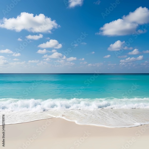 Calm turquoise ocean waves lapping on a pristine white sandy beach in a tropical paradise setting