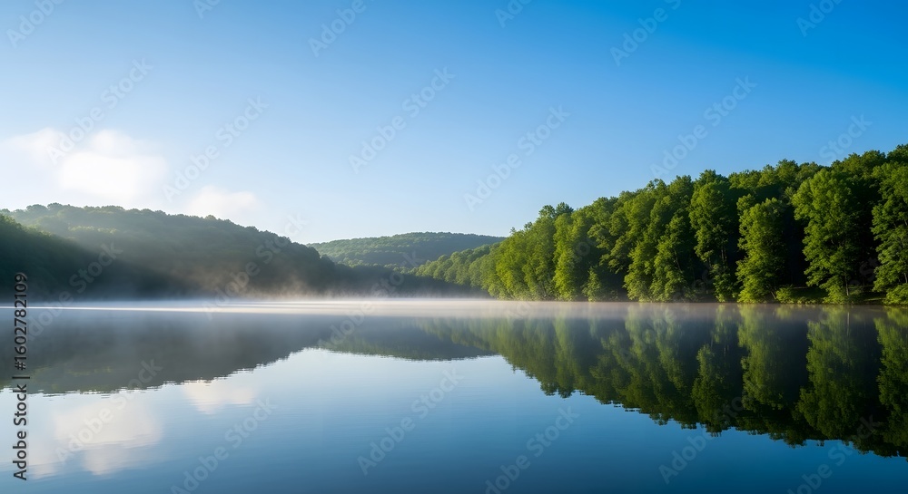 Fototapeta premium Calm Morning Reflection, Lake View, Serene Nature, Photographic Landscape, Tranquil Environment, Peaceful Concept