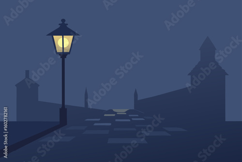 A solitary gas lamp illuminates a cobblestone street at dusk