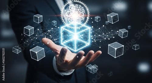 Fototapeta Naklejka Na Ścianę i Meble -  Futuristic technology concept: Man holding a luminous cube surrounded by network connections and gears, visualizing digital innovation and blockchain technology.