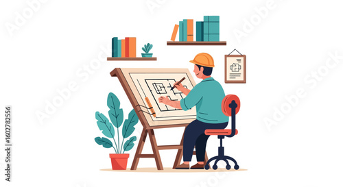 Architect Drafting Blueprints on White Background