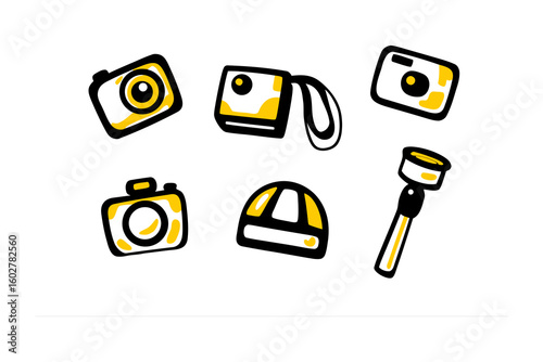 A charming hand drawn collection of vintage and modern cameras a selfie stick and a cap all rendered in a playful doodle style