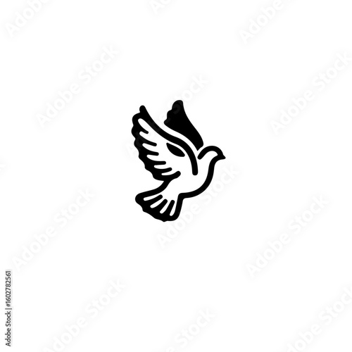 A simple black and white line drawing of a dove in flight with wings spread