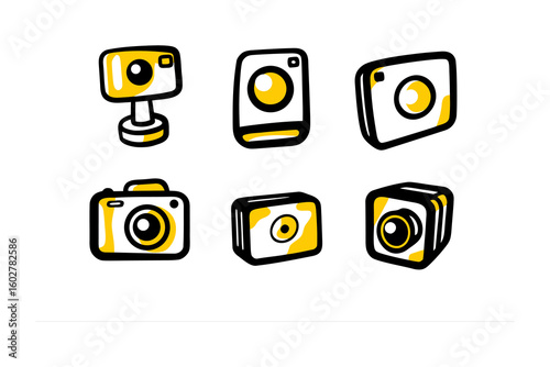 Collection of six hand drawn camera icons featuring various styles and perspectives in a whimsical sketchy artistic design