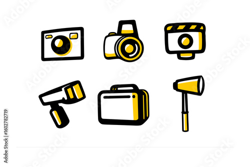 Collection of hand drawn icons representing photography and videography equipment for creative projects