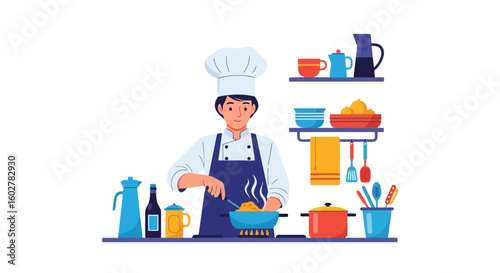 Animated Chef Preparing Food in a Kitchen Illustration
