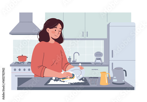 A woman is happily washing dishes in a modern kitchen, surrounded by appliances and cookware, with a sink full of suds.