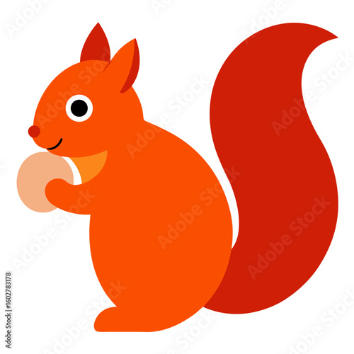 Cute cartoon squirrel holding a nut with a bushy tail