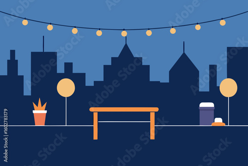 Urban rooftop gathering space with string lights and city skyline