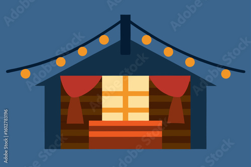 Cozy cabin with string lights and festive curtains