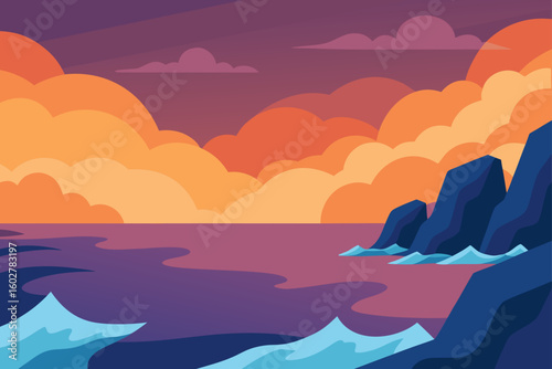 Vibrant sunset over a calm ocean with rocky shores
