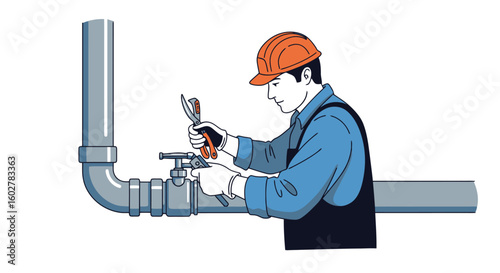 Plumbing Repair: Illustrated Tradesman Fixing a Pipe