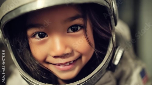 Asian model girl wearing a space uniform combines elegance and high tech in a futuristic portrait.