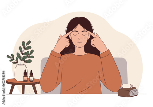 A woman with closed eyes gently touches her temples with her fingers, suggesting a moment of calm and self-care.