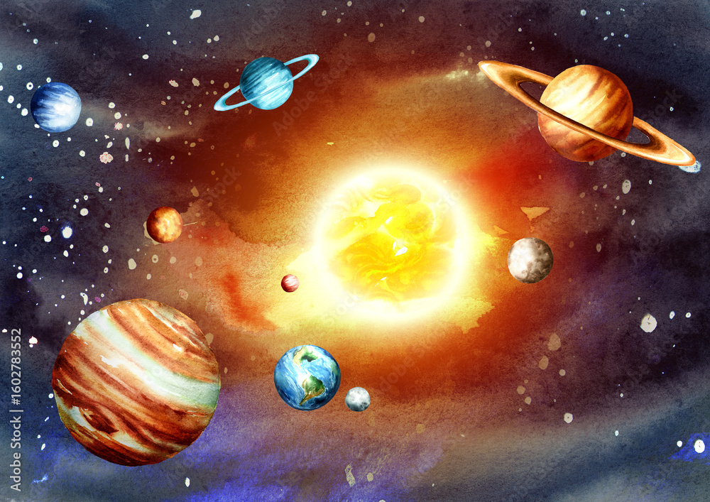 Naklejka premium Planets of Solar system. Hand drawn watercolor illustration