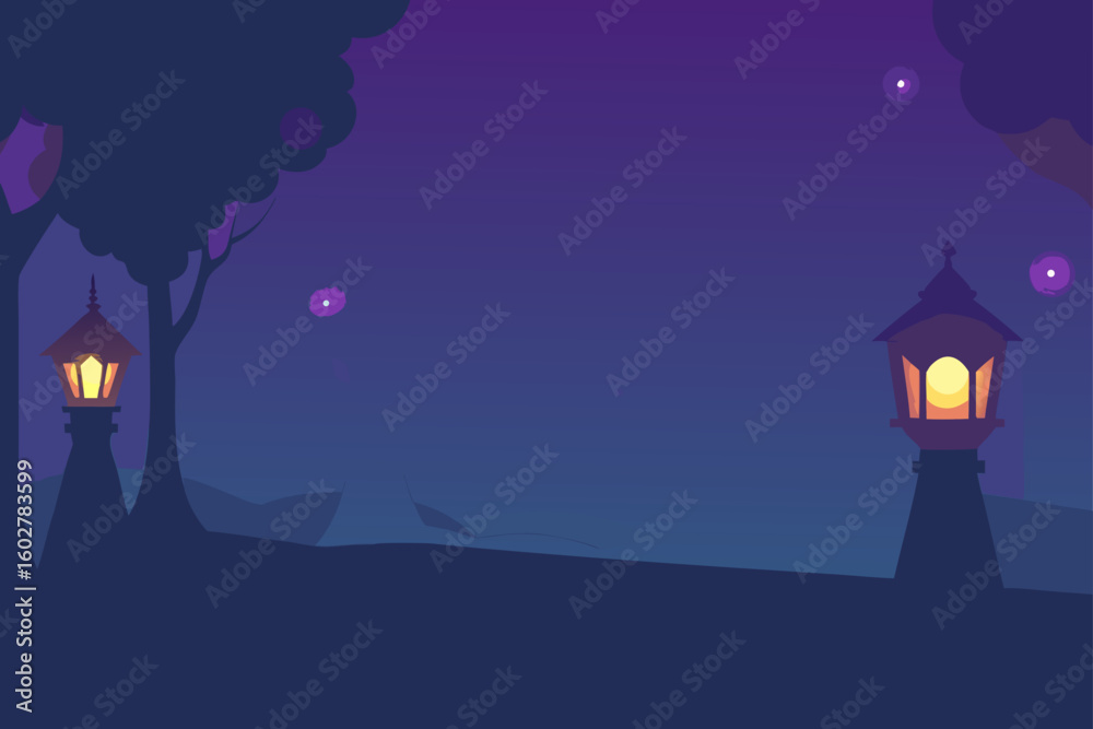 Fototapeta premium Enchanting night scene with glowing lanterns and silhouetted trees
